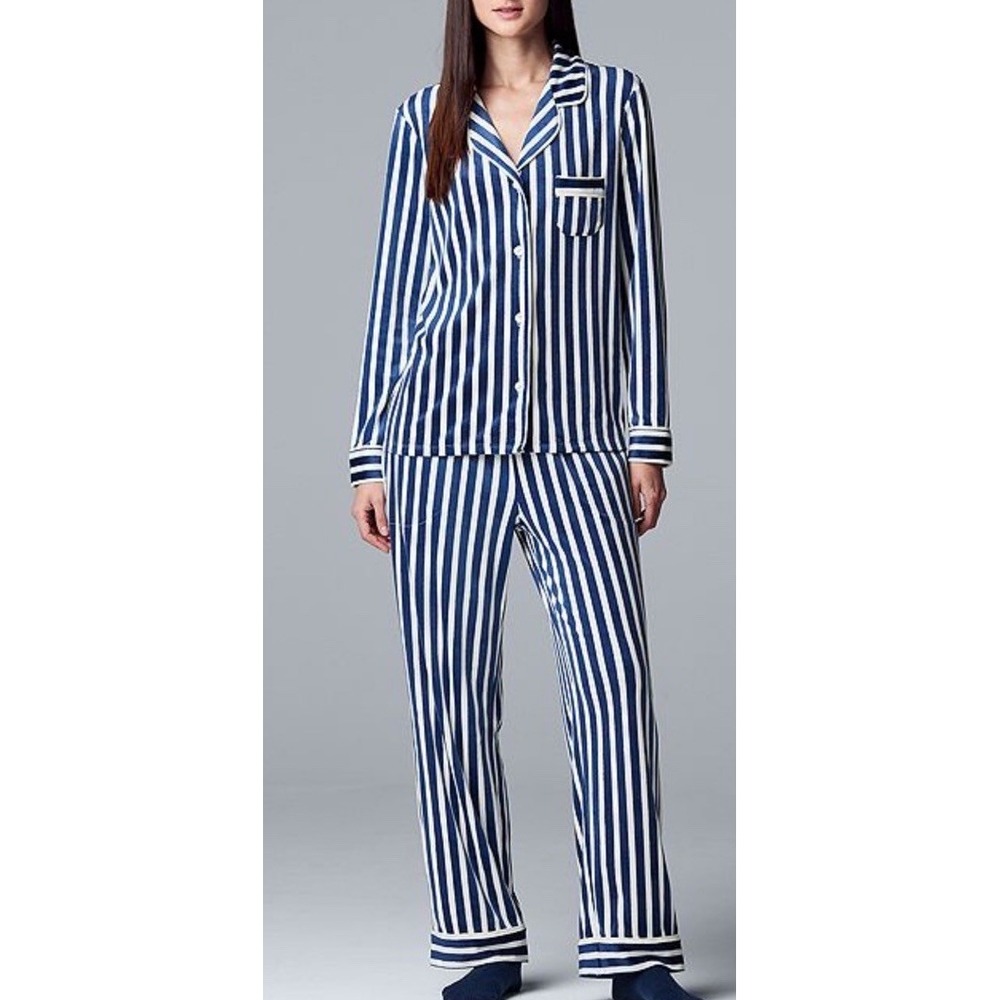 Simply Vera Wang Womens Velour Pajama Set Sleep Shirt Pants Striped Blue White L